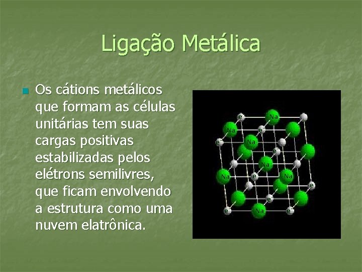 Ligação Metálica n Os cátions metálicos que formam as células unitárias tem suas cargas Ligação Metálica n Os cátions metálicos que formam as células unitárias tem suas cargas