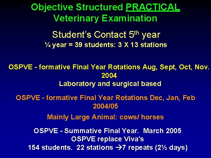 Objective Structured PRACTICAL Veterinary Examination Student’s Contact 5 th year ¼ year = 39