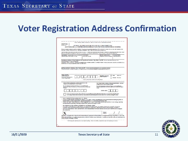 Voter Registration Address Confirmation 10/31/2020 Texas Secretary of State 11 