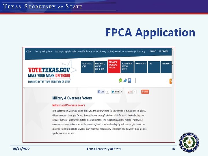 FPCA Application 10/31/2020 Texas Secretary of State 18 