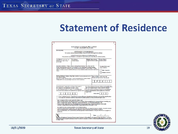 Statement of Residence 10/31/2020 Texas Secretary of State 19 