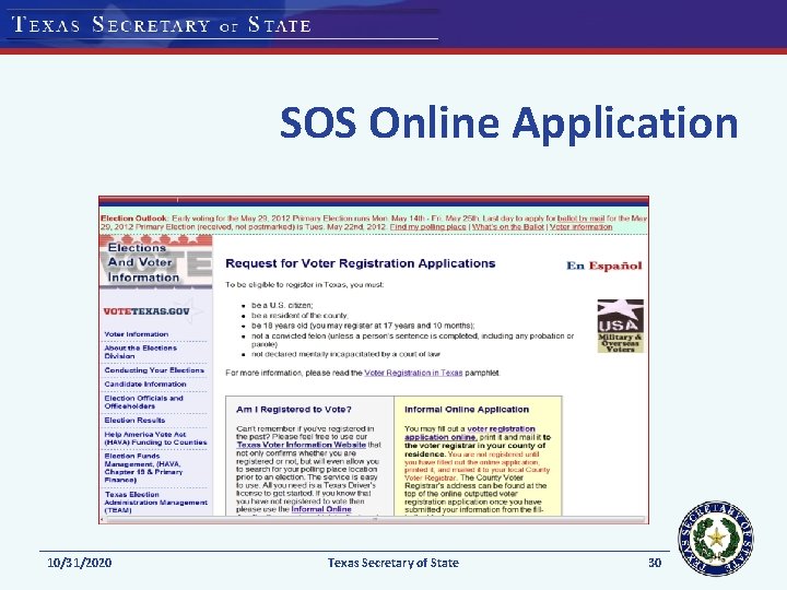 SOS Online Application 10/31/2020 Texas Secretary of State 30 