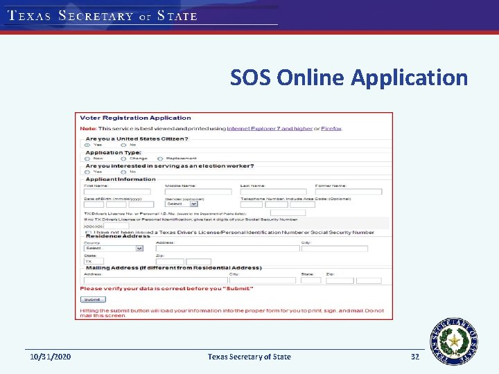 SOS Online Application 10/31/2020 Texas Secretary of State 32 