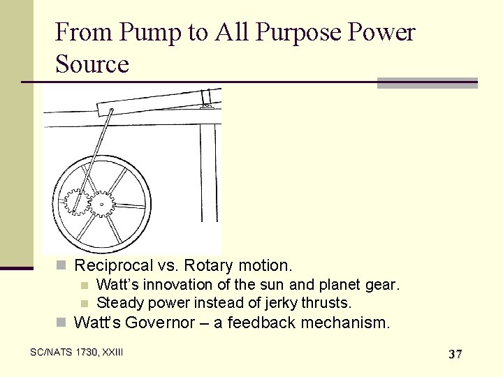 From Pump to All Purpose Power Source n Reciprocal vs. Rotary motion. n Watt’s