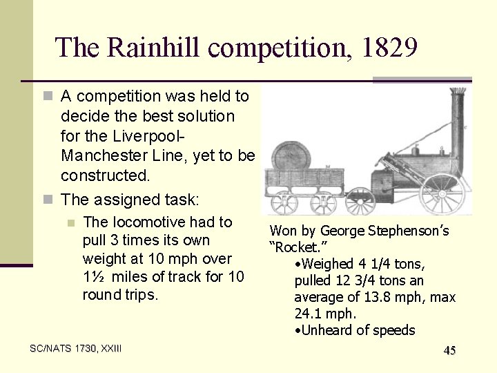 The Rainhill competition, 1829 n A competition was held to decide the best solution
