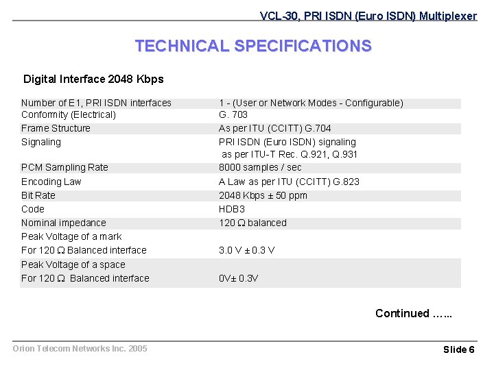 VCL-30, PRI ISDN (Euro ISDN) Multiplexer TECHNICAL SPECIFICATIONS Digital Interface 2048 Kbps Number of