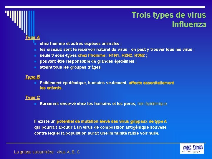 Trois types de virus Influenza Type A n n n chez homme et autres