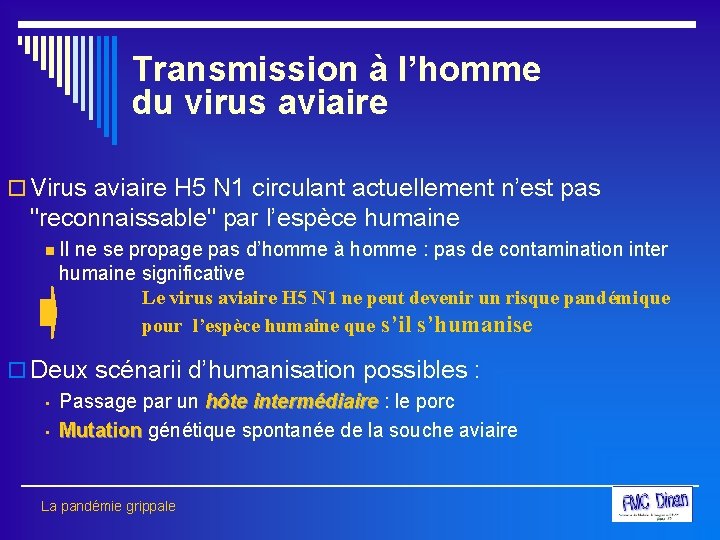 Transmission à l’homme du virus aviaire o Virus aviaire H 5 N 1 circulant