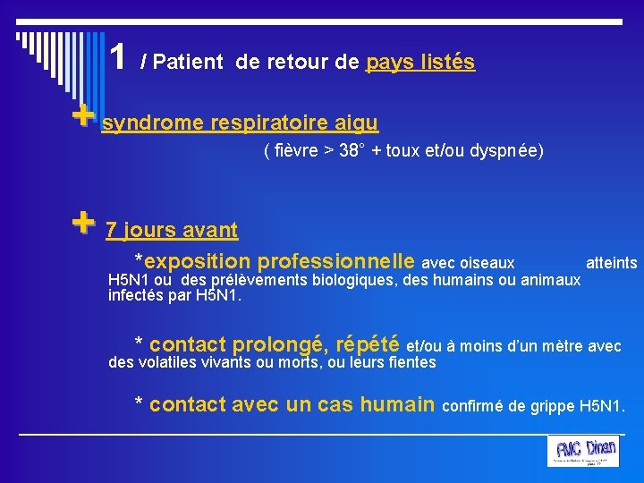 1 / Patient de retour de pays listés + syndrome respiratoire aigu ( fièvre