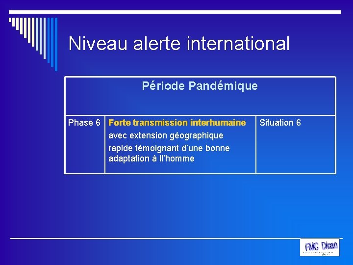 Niveau alerte international Période Pandémique Phase 6 Forte transmission interhumaine avec extension géographique rapide