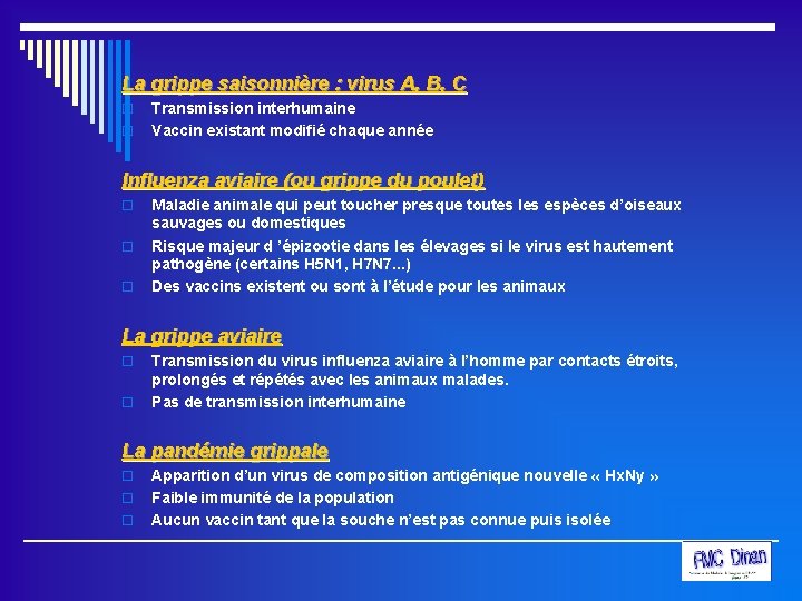 La grippe saisonnière : virus A, B, C o o Transmission interhumaine Vaccin existant