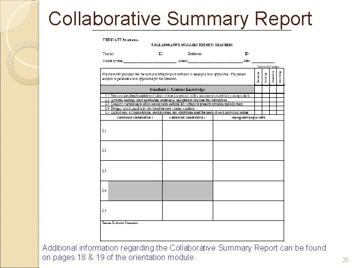 Collaborative Summary Report Additional information regarding the Collaborative Summary Report can be found on