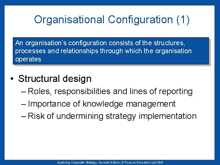 Organisational Configuration (1) An organisation’s configuration consists of the structures, processes and relationships through