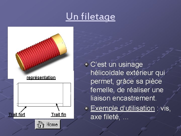 Un filetage représentation Trait fort Trait fin C’est un usinage hélicoïdale extérieur qui permet,