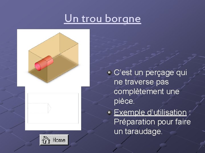 Un trou borgne C’est un perçage qui ne traverse pas complètement une pièce. Exemple