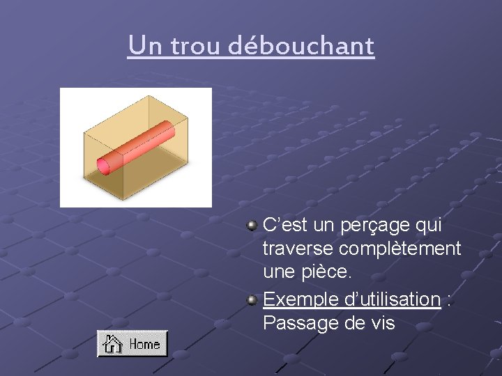 Un trou débouchant C’est un perçage qui traverse complètement une pièce. Exemple d’utilisation :