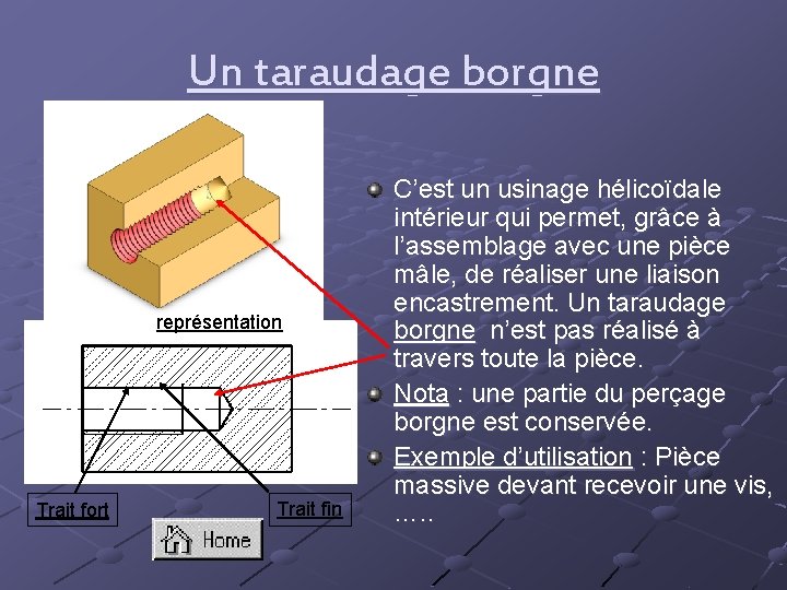 Un taraudage borgne représentation Trait fort Trait fin C’est un usinage hélicoïdale intérieur qui