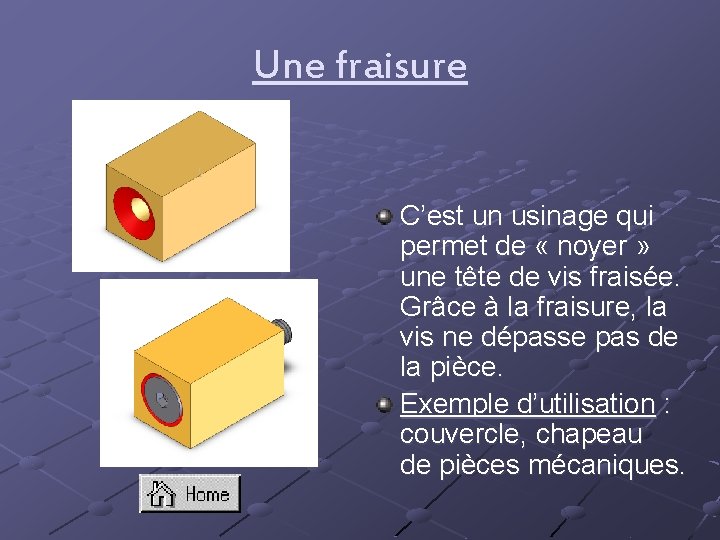 Une fraisure C’est un usinage qui permet de « noyer » une tête de