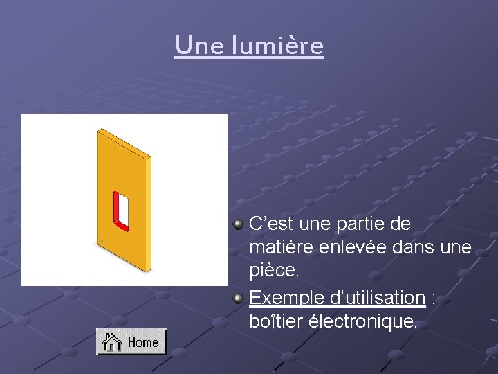 Une lumière C’est une partie de matière enlevée dans une pièce. Exemple d’utilisation :