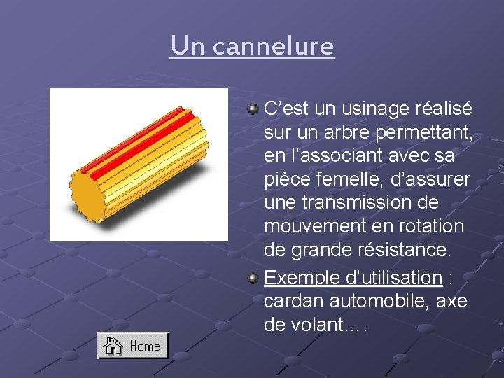 Un cannelure C’est un usinage réalisé sur un arbre permettant, en l’associant avec sa