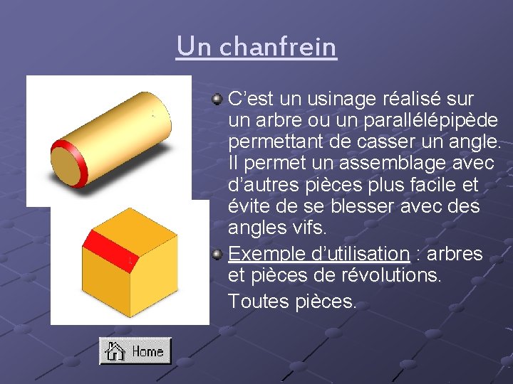 Un chanfrein C’est un usinage réalisé sur un arbre ou un parallélépipède permettant de