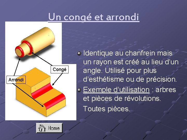 Un congé et arrondi Congé Arrondi Identique au chanfrein mais un rayon est créé