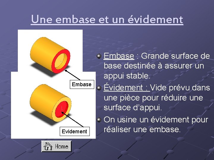 Une embase et un évidement Embase Evidement Embase : Grande surface de base destinée