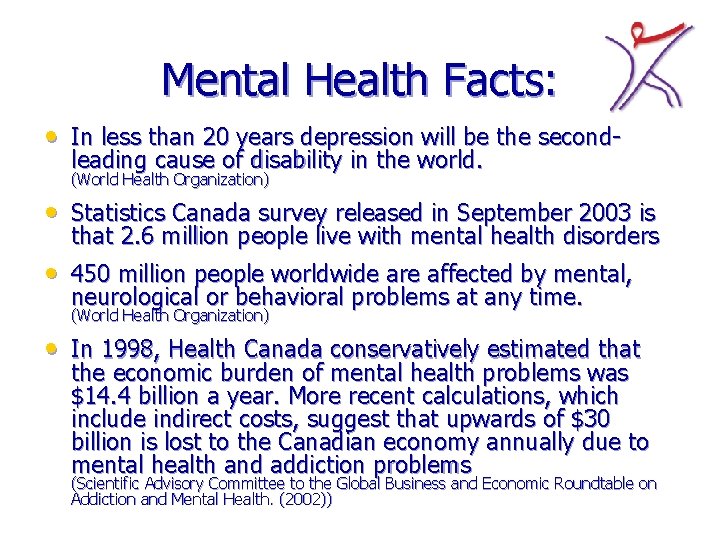 Mental Health Facts: • In less than 20 years depression will be the secondleading