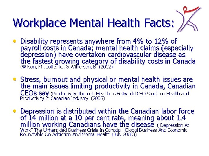 Workplace Mental Health Facts: • Disability represents anywhere from 4% to 12% of payroll