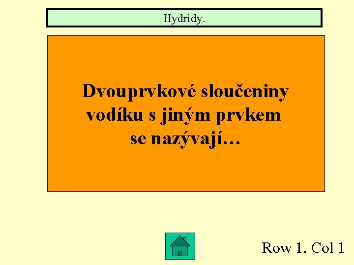 Hydridy. Dvouprvkové sloučeniny vodíku s jiným prvkem se nazývají… Row 1, Col 1 