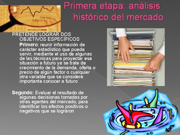 Primera etapa: análisis histórico del mercado PRETENDE LOGRAR DOS OBJETIVOS ESPECÍFICOS Primero: reunir información