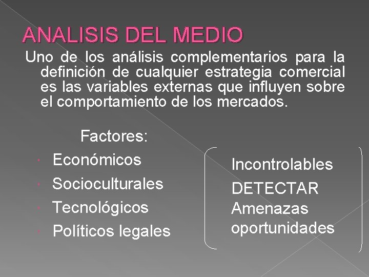 ANALISIS DEL MEDIO Uno de los análisis complementarios para la definición de cualquier estrategia