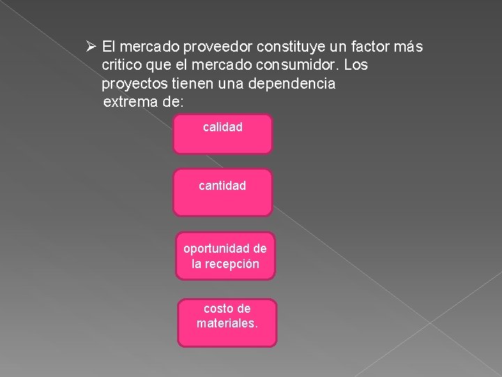 Ø El mercado proveedor constituye un factor más critico que el mercado consumidor. Los