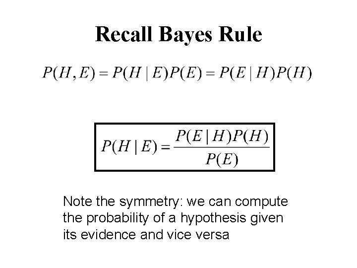 Recall Bayes Rule Note the symmetry: we can compute the probability of a hypothesis