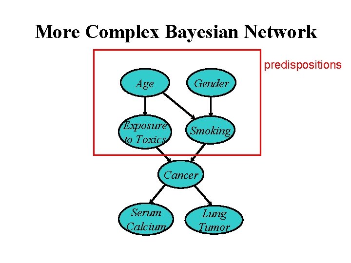 More Complex Bayesian Network predispositions Age Gender Exposure to Toxics Smoking Cancer Serum Calcium