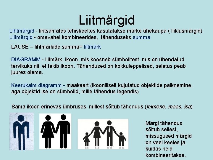 Liitmärgid Lihtmärgid - lihtsamates tehiskeeltes kasutatakse märke ühekaupa ( liiklusmärgid) Liitmärgid - omavahel kombineerides,