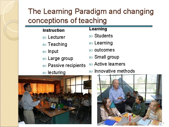 The Learning Paradigm and changing conceptions of teaching Instruction Learning Lecturer Teaching Input Large The Learning Paradigm and changing conceptions of teaching Instruction Learning Lecturer Teaching Input Large