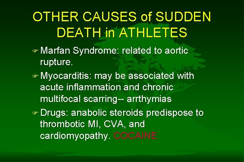 OTHER CAUSES of SUDDEN DEATH in ATHLETES F Marfan Syndrome: related to aortic rupture. OTHER CAUSES of SUDDEN DEATH in ATHLETES F Marfan Syndrome: related to aortic rupture.