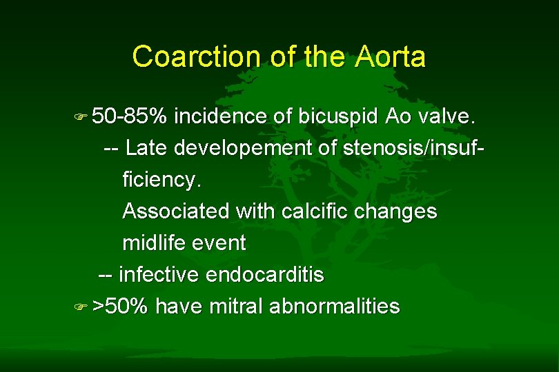 Coarction of the Aorta F 50 -85% incidence of bicuspid Ao valve. -- Late Coarction of the Aorta F 50 -85% incidence of bicuspid Ao valve. -- Late