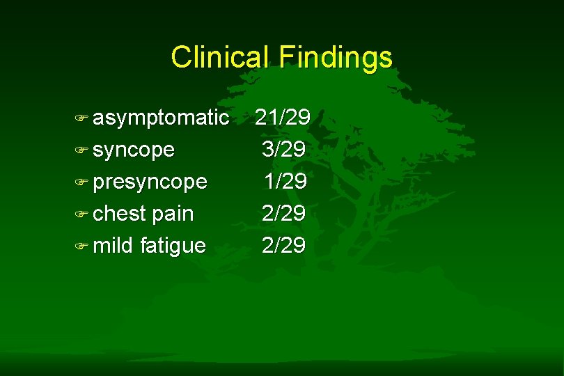 Clinical Findings F asymptomatic F syncope F presyncope F chest pain F mild fatigue Clinical Findings F asymptomatic F syncope F presyncope F chest pain F mild fatigue