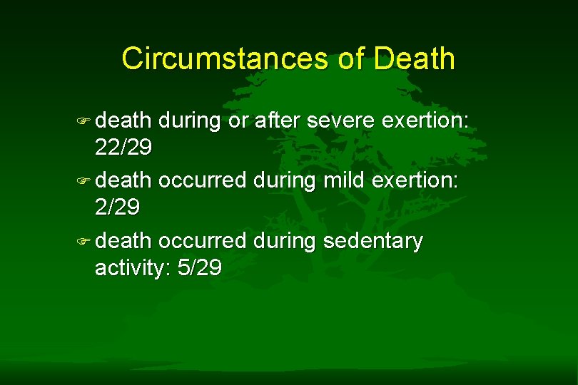 Circumstances of Death F death during or after severe exertion: 22/29 F death occurred Circumstances of Death F death during or after severe exertion: 22/29 F death occurred