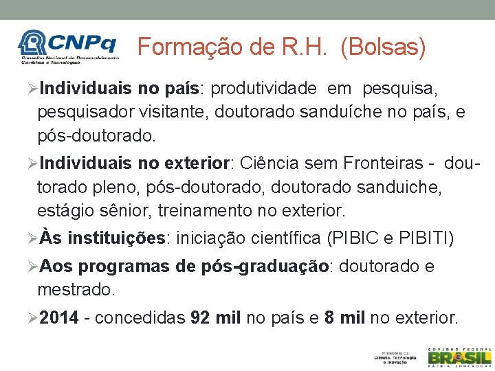 Formação de R. H. (Bolsas) ØIndividuais no país: produtividade em pesquisa, pesquisador visitante, doutorado