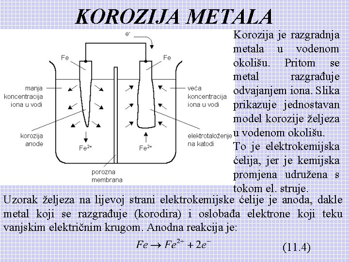 KOROZIJA METALA Korozija je razgradnja metala u vodenom okolišu. Pritom se metal razgrađuje odvajanjem