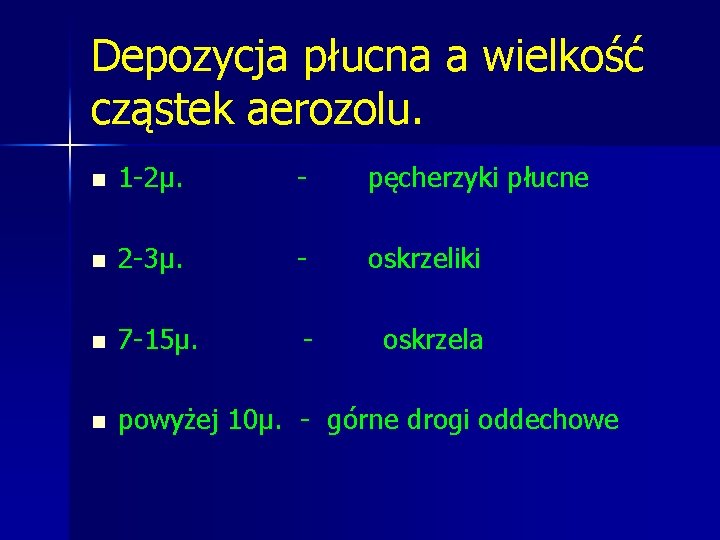 Depozycja płucna a wielkość cząstek aerozolu. n 1 -2µ. - pęcherzyki płucne n 2