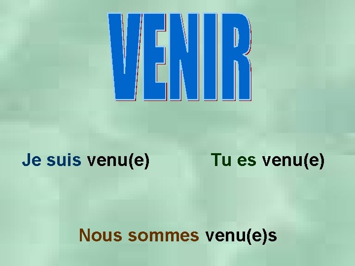 Je suis venu(e) Tu es venu(e) Nous sommes venu(e)s 