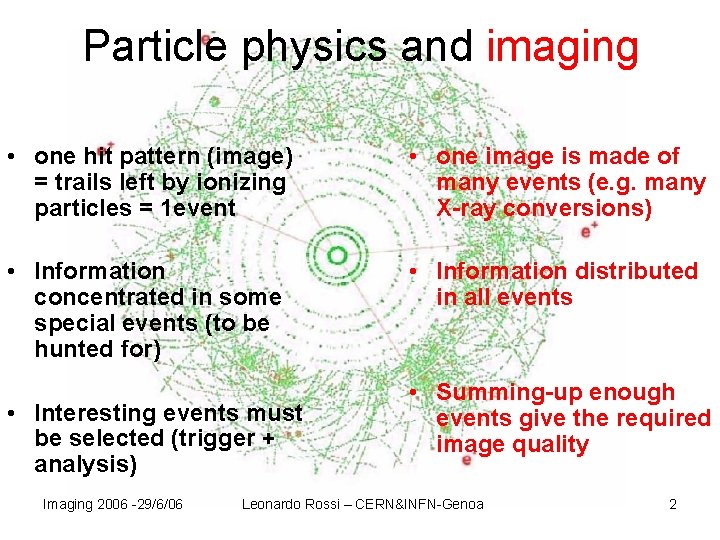 Particle physics and imaging • one hit pattern (image) = trails left by ionizing