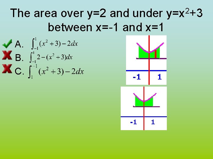 The area over y=2 and under y=x 2+3 between x=-1 and x=1 A. B.