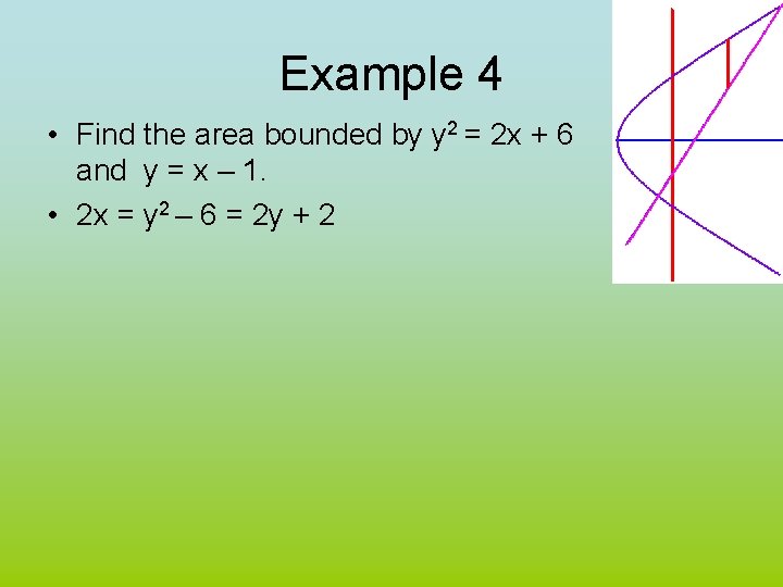 Example 4 • Find the area bounded by y 2 = 2 x +