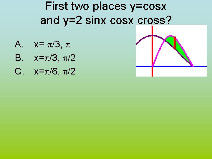 A. B. C. First two places y=cosx and y=2 sinx cosx cross? ] x=