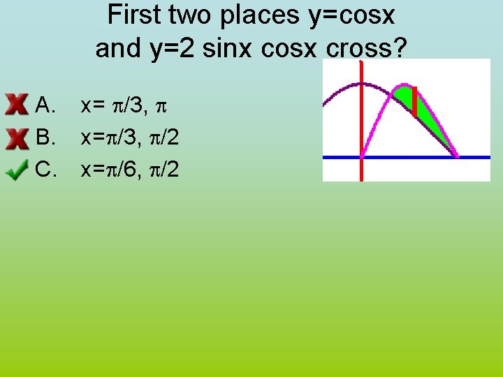 A. B. C. First two places y=cosx and y=2 sinx cosx cross? ] x=